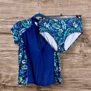 Unbranded, two piece swimsuit, blue  tropical. Medium.